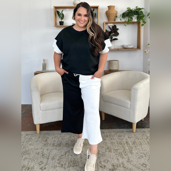 Double Take Full Size Texture Contrast T-Shirt and Wide Leg Pants Set - Picture 10 of 16